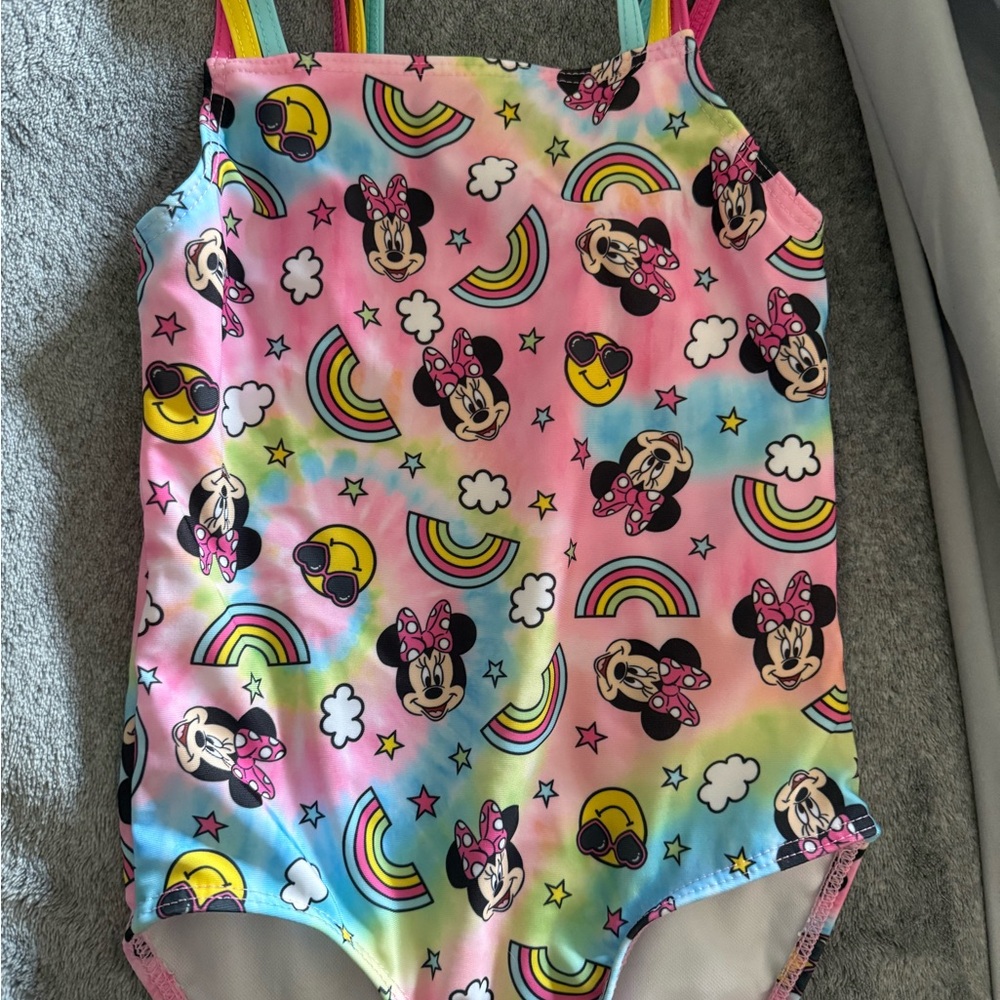 NWOT Disney Kids Pink Blue Yellow Green Rainbow Minnie Mouse Swimsuit